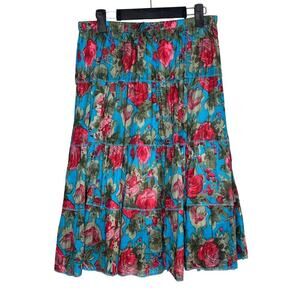 Solitaire Floral Pull On High Waisted Tiered Midi A-Line Skit Blue/Red Women's S